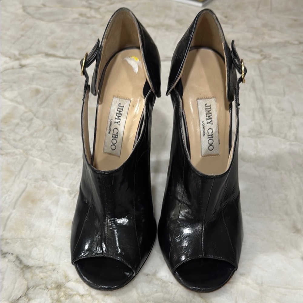 Jimmy Choo Leather Black Peep-Toe Heels / Sz-39 / 4” Heel